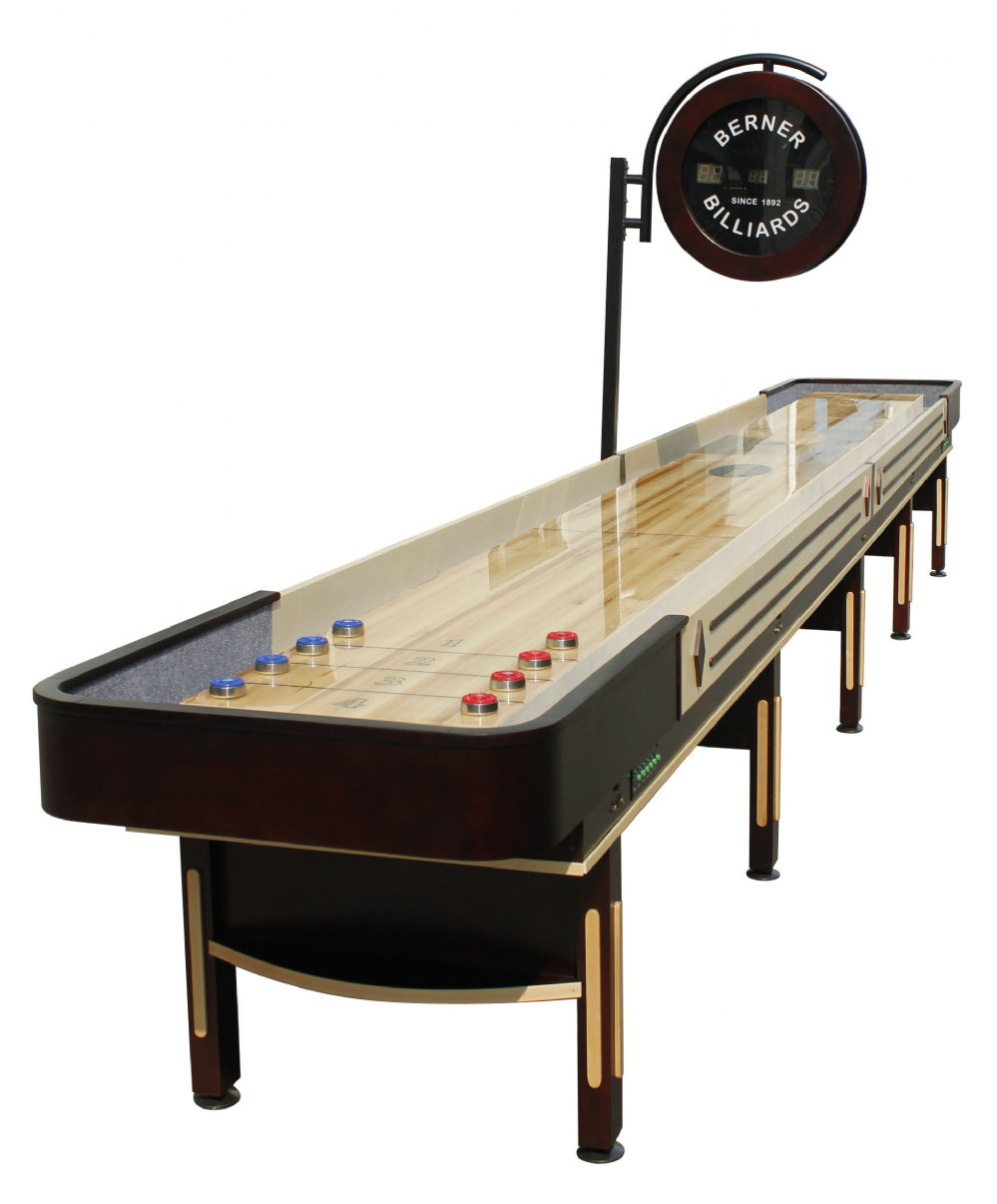 Berner Billiards Shuffleboard Table The Pro in Espresso & Maple. Available in 12, 14, 16, 18, 20