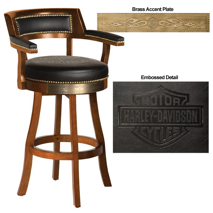 Harley Davidson H D Bar Shield Flames Barstool With Backrest In H D Bar Shield Flames Barstool With Backrest In Heritage Brown Finish Harley